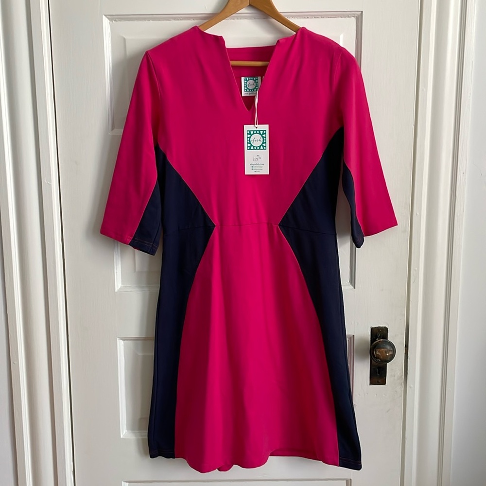 Vfish by Vera Fishbaugh Hot Pink & Navy Stretch Cotton Slip-On Dress, Size M